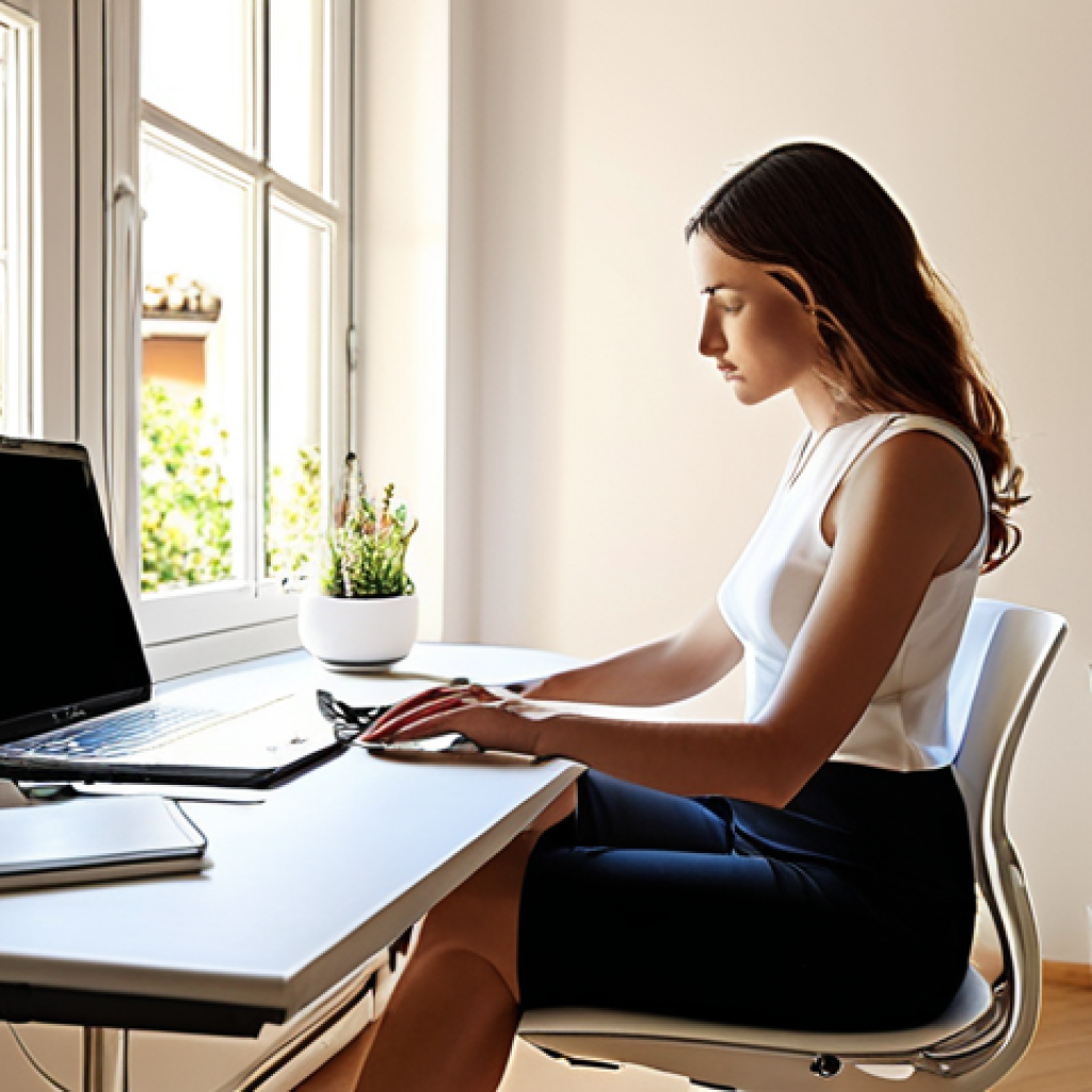 Ergonomic Workspace**

Prompt: "A bright, modern Italian home office. An elegant woman sits at an adjustable-height desk, using a laptop. The chair is ergonomic and supportive. Sunlight streams in, highlighting good posture and a relaxed, focused expression.  Include elements of Italian design and natural light.  Emphasis on healthy work habits."

**