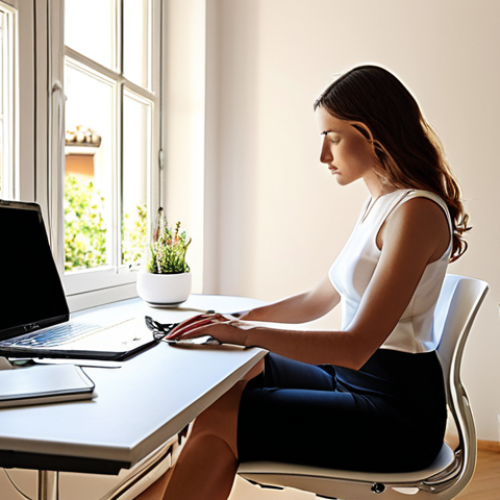 Home 4 Ergonomic Workspace**
Prompt: "A bright, modern Italian home office. An elegant woman sits at an adjustable-height desk, using a laptop. The chair is ergonomic and supportive. Sunlight streams in, highlighting good posture and a relaxed, focused expression. Include elements of Italian design and natural light. Emphasis on healthy work habits."
**