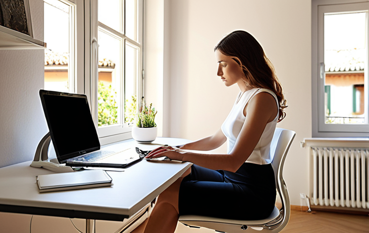 Ergonomic Workspace**

Prompt: "A bright, modern Italian home office. An elegant woman sits at an adjustable-height desk, using a laptop. The chair is ergonomic and supportive. Sunlight streams in, highlighting good posture and a relaxed, focused expression.  Include elements of Italian design and natural light.  Emphasis on healthy work habits."

**